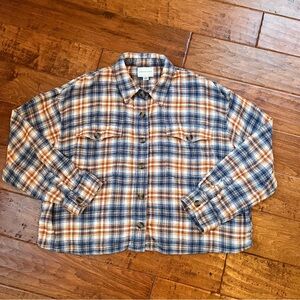 American Eagle Women’s Cropped Plaid Shirt Blue Orange Flannel Size Large